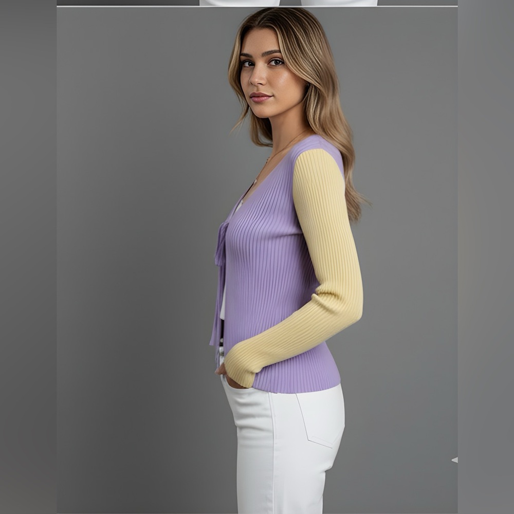 Rib Knit Tie Front Color Block Cardigan - Picture 3 of 7